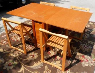 Vintage Danish Modern Style Romanian Drop Leaf Table W/4 Folding Chairs Hideaway