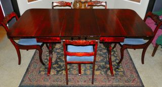 Gorgeous 3 Pedestal,  Two Leaf,  Drop Leaf,  Duncan Phyfe Dining Table W/5 Chairs