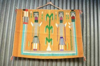 Antique Vintage Native American Navajo Yei Rug Textile 40x29 Weaving Corn People