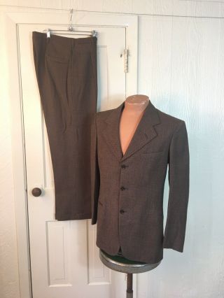 Vintage 1940s Brown Birdseye Weave Wool 38r 39r 32x31 Pants Exc