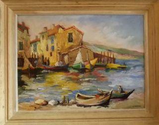 Large Mid 20th Century Vintage Martigues Coastal Oil Painting By H.  Tournois