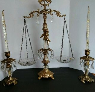 Vintage 3 Pc Brass & Lead Crystal Scales Of Justice Prisms Candleholders Candles