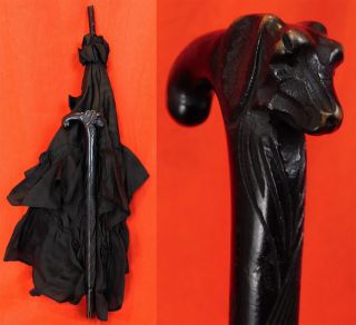 Victorian 1860s Black Silk Ebony Carved Dog Head Handle Folding Marquis Parasol