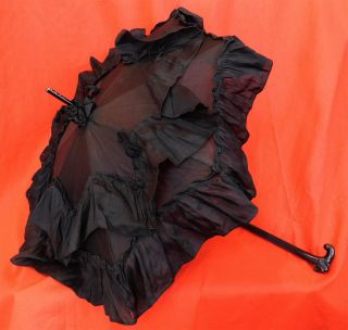Victorian 1860s Black Silk Ebony Carved Dog Head Handle Folding Marquis Parasol 2