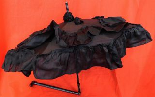 Victorian 1860s Black Silk Ebony Carved Dog Head Handle Folding Marquis Parasol 4