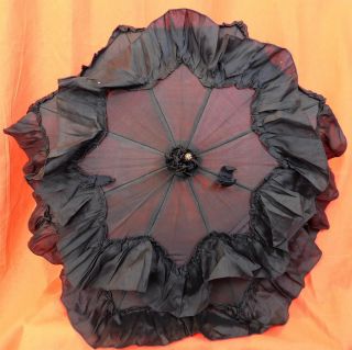 Victorian 1860s Black Silk Ebony Carved Dog Head Handle Folding Marquis Parasol 5