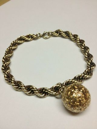 Antique Rare 14k Gold Charm Bracelet,  14k Victorian Ornate Slide Ball Charm