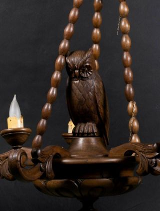 Vintage Black Forest Figural Carved Wooden Chandelier Light Lamp Owl Germany