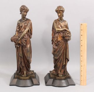 19thc Antique Leon Pilet Classical Women Bronze Sculptures Summer Autumn Seasons