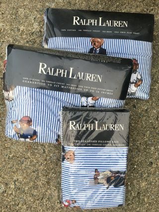 Vintage Ralph Lauren Polo Bear Blue Stripe 3 Piece Twin Comforter/Sheet Set 6