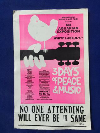 Vintage Poster Woodstock Skolnick 3 Days Peace Love Music Dove Guitar