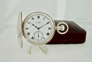 Solid Silver Antique J W Benson Half Hunter Pocket Watch With Box 1933