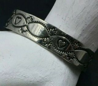 Vintage Navajo Sterling Silver Bracelet Native American Hand Stamped Hearts