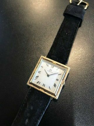 Pre - Owned Vintage 14k Gold Omega Square Wind - Up Watch With Black Band