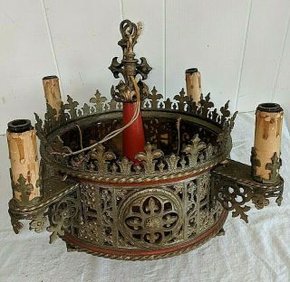 Gorgeous Antique Gothic Arts And Crafts Chandelier With Mica Interior Panels