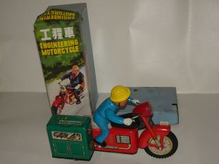 Red China Engineering Motorcycle Vintage Tin Toy