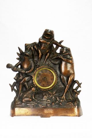 Antique Rare Cast Bronze Frog Musician Clock Ca1910