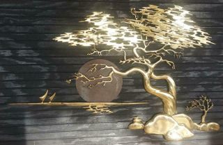 Vintage Mid Century Modern Brass Bijan Bonsai Tree Wall Art Sculpture Plaque Mcm