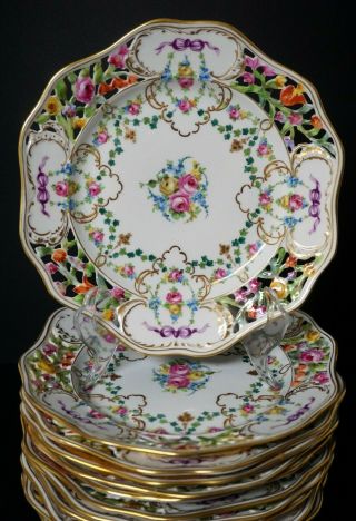 10 Carl Thieme Dresden Reticulated Pierced Hand Painted Dessert Plates Rare