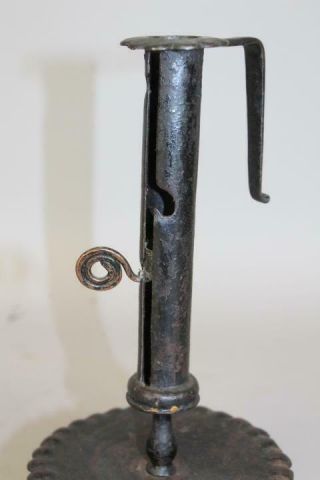 A VERY RARE EARLY 18TH C WROUGHT IRON ADJUSTABLE CANDLESTICK FANTASTIC OLD PAINT 9