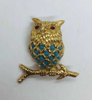 Ciner Vintage Yellow Gold Plated Blue Stone Figural Owl Pin