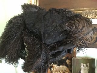 Antique Victorian Ladies Hat With Black Ostrich Feathers Lace Silk Ribbon Bow
