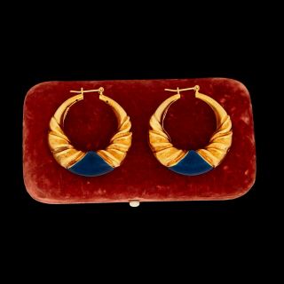 Antique Vintage Deco Retro 14k Gold Guilloche Enamel Huge 1.  56 " L Hoop Earrings