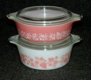 Vintage Pyrex Pink Gooseberry Casseroles 472 1.  5 Pt 471 1 Pt - Both W/lids