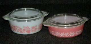 Vintage PYREX Pink Gooseberry Casseroles 472 1.  5 Pt 471 1 Pt - Both w/Lids 8