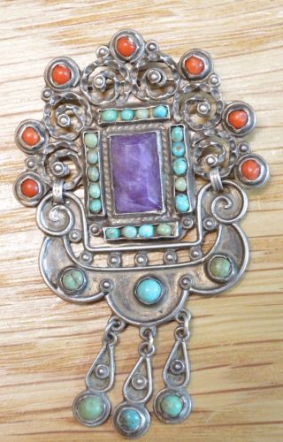 Vintage Mexican Matl C.  1940 Sterling Silver Amethyst Coral Pin Rare 4329