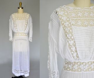 Vtg Antique Edwardian White Cotton Gown Dress Floral Lace Pin Tucking Wedding L