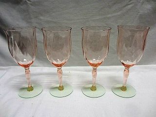 4 Wine Glasses Watermelon Vtg Pink & Green Diamond Optic Elegant Ct B