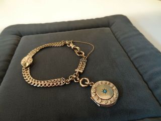 Antique Gold Filled Watch Chain Slide Charm Fob Bracelet Turquoise Locket 7.  5 "