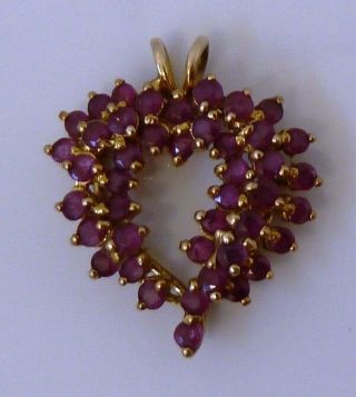 Vintage 14k Gold Red Ruby Heart Shape Cluster Pendant 1 " Long