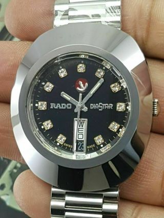 Vintage Rado Diastar Automatic Silver Black Dail White Diamond Mens Wrist Watch