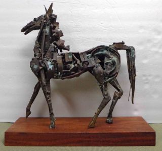 Large Vintage Mcm Brutalist Abstract Metal Horse Sculpture On Wood Base