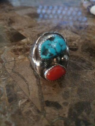 Vtg Native American Navajo Sterling Silver 925 Turquoise Coral Men Ring Size 10