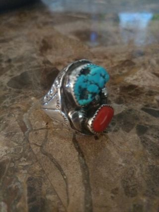 Vtg Native American Navajo Sterling Silver 925 Turquoise Coral Men Ring Size 10 2