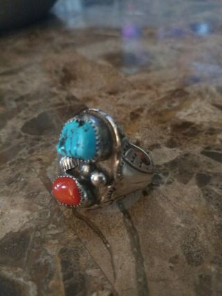 Vtg Native American Navajo Sterling Silver 925 Turquoise Coral Men Ring Size 10 3