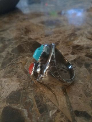 Vtg Native American Navajo Sterling Silver 925 Turquoise Coral Men Ring Size 10 4
