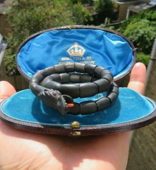 Antique Carved Ashford Black Marble & Coral Snake Serpent Bangle/bracelet