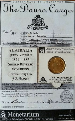 Douro Cargo 1877 Australian Gold Queen Victoria/shield Sovereign.  Gef,  Rare