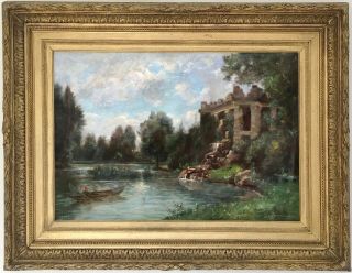 Ruins By The River Antique Oil Painting By Charles Deshayes (french,  1831–1895)