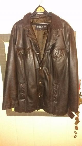 Vintage Guess Leather Dark Brown Mens Size Xxl Button Up Leather Jacket