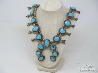 Vintage Native American Squash Blossom Necklace Sterling Silver Turquoise 15200