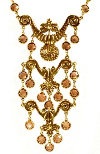 Vtg Goldette Etruscan Revival Besel Set Crystal 3 - Tier Necklace