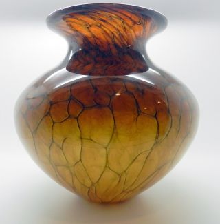 Vintage 1991 Signed Michael Cohn & Molly Stone Art Glass Tortoise Shell Lip Vase