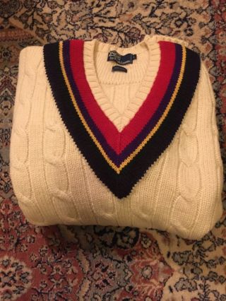 Vtg Polo Ralph Lauren Cable Knit Wool Tennis Sweater Large Off White Very Rare