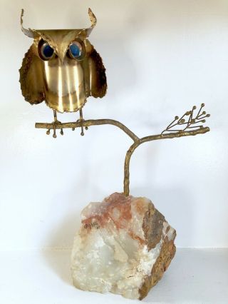 Jere Owl On Branch Brass Onyx Base Sculpture 16” Signed Vtg Mid Century
