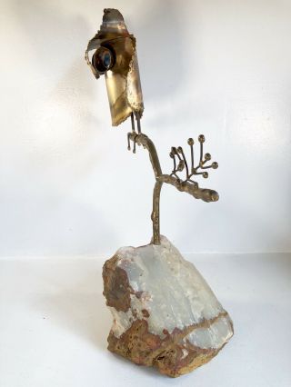 Jere Owl on Branch Brass Onyx Base Sculpture 16” Signed Vtg Mid Century 5